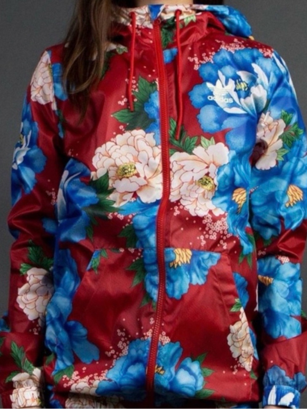 adidas farm rio Red Floral Zip Bomber Jacket with Blue Accents